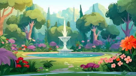 Background garden with fountain. An image with a breathtaking garden and a fountain as a background in banner style. Generative AI.の写真素材