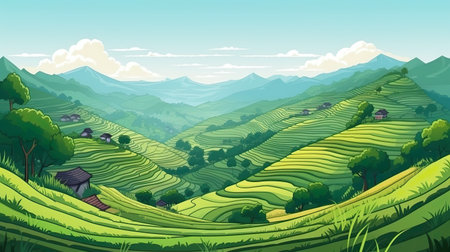 Background green rise terrace. Visually engaging web banner illustration featuring a picturesque green rice terrace. Generative AI.の素材