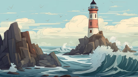 Background lighthouse. A captivating banner design with an abstract background, featuring a beautifully illustrated image of a lighthouse, symbolizing guidance and safety. Generative AI.の写真素材