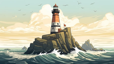 Background lighthouse. Banner design with an abstract background, showcasing a meticulously illustrated  image of a lighthouse that stands as a beacon of hope and guidance. Generative AI.の素材