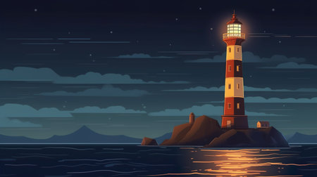 Background lighthouse at night. A captivating banner design with an abstract background featuring  image of a lighthouse shining brightly against a mysterious night sky. Generative AI.の写真素材