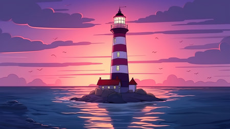 Background lighthouse. Banner design highlighting an abstract background and illustration, portraying the majestic presence of a lighthouse amidst the captivating colors of a sunset. Generative AI.の素材