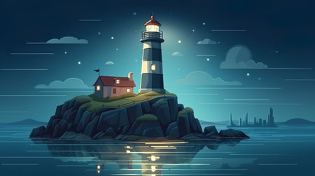 Background lighthouse at night. A stunning banner design highlighting an abstract background and illustration, portraying the captivating beauty of a lighthouse under the stars. Generative AI.の写真素材