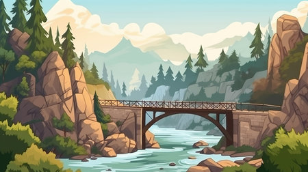 Background gorge. Depiction of a gorge and a bridge in a banner design, featuring an abstract background that captures the harmonious blend of nature and human architecture. Generative AI.の写真素材