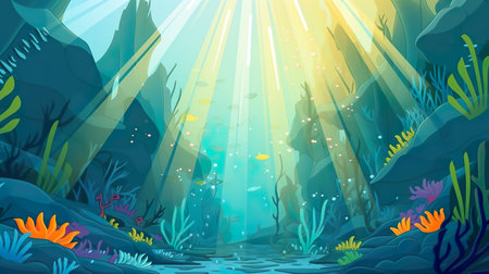 Background sunbeams through the ocean. An abstract background banner design featuring a mesmerizing  illustration of sunbeams radiating through the tranquil expanse of an ocean. Generative AI.の素材