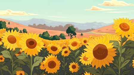 Background meadow with poppies and sunflowers. Vibrant banner design showcasing an illustrated meadow filled with blooming sunflowers. Generative AI.の素材