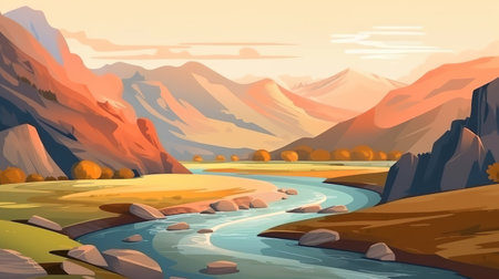 Background river winding through hills. A beautiful illustration with banner design of a river winding through hills, creating a sense of tranquility. Generative AI.の写真素材