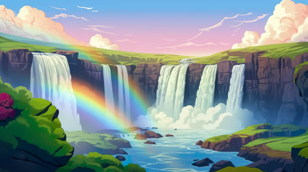 Background waterfall panoramic with rainbow. Vibrant abstract background featuring a panoramic  illustration of a waterfall with a rainbow. Generative AI.の写真素材
