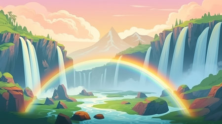 Background waterfall panoramic with rainbow. Abstract background with banner design displaying a breathtaking  illustration of a panoramic waterfall with a rainbow. Generative AI.の写真素材