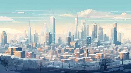 Abstract background winter skyscrapers. A visually stunning abstract background with a  illustration of a winter skyscrapers, perfect for banner design. Generative AI.の写真素材