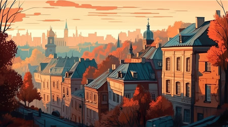 Background old city. A mesmerizing  illustration of an old city at sunset against an abstract background, perfect for banner design. Generative AI.の写真素材