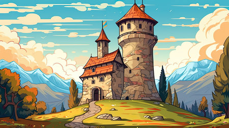 Abstract background old castle. A captivating illustration of an old castle, exquisitely showcased in a banner design with an abstract background. Generative AI.の素材