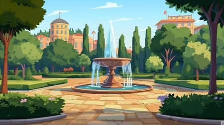 Abstract background city park with fountain. A visually appealing illustration portraying the serenity of a city park with a charming fountain, expertly presented in a banner design. Generative AI.の写真素材