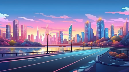 Background bridge and embankment. An immersive banner design featuring an illustrated bridge and embankment against a captivating abstract background. Generative AI.の素材