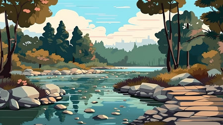 Background bridge and embankment. An enchanting banner design featuring an artistic illustration of embankment set against a captivating abstract background. Generative AI.の写真素材