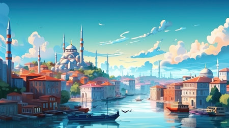 Background Istanbul. A captivating banner design highlighting the beauty of Istanbul through a meticulously crafted illustration against an abstract background. Generative AI.の素材
