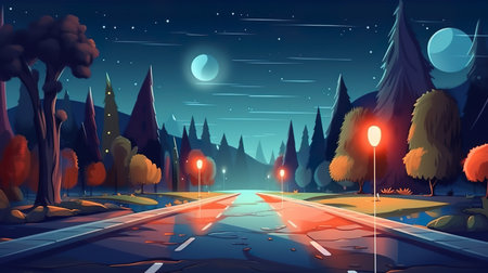 Abstract background illuminated road. The allure of a nocturnal setting with an illuminated road in a captivating illustration adorned with background and banner design. Generative AI.の素材