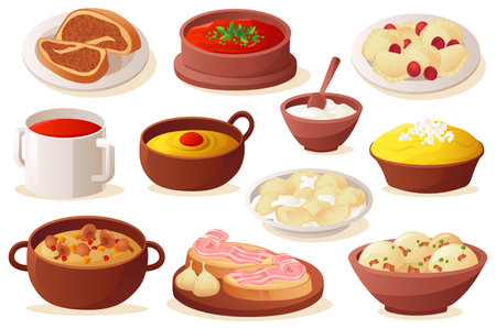 Ukrainian Cuisine set. A flat, cartoon-style design featuring a set of traditional Ukrainian cuisine dishes. Vector illustration.のイラスト素材