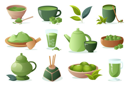 Matcha set. This illustration is a flat design cartoon style matcha set, featuring various utensils and ingredients for preparing and enjoying matcha tea. Vector illustration.のイラスト素材