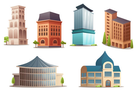 Architecture set. This is a flat, cartoon-style design set of various architectural buildings, including houses, towers, and monuments. Vector illustration.のイラスト素材