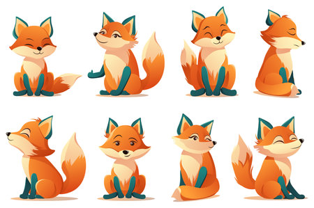 Cute fox set. This illustration is a set of cute foxes depicted in a flat and cartoonish design style. Vector illustration.のイラスト素材