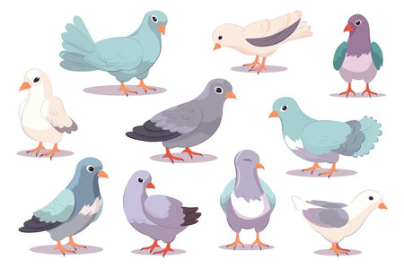 Doves set. A set of flat, cartoon-style illustrations featuring doves with a clean and modern design. Vector illustration.のイラスト素材