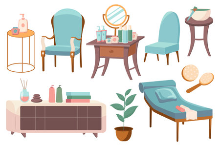 Spa furniture set. This is an illustration of a flat design cartoon set of spa furniture. The furniture includes a massage bed, lounge chairs, etc. Vector illustration.のイラスト素材