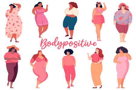 Body positive set. This illustration set features flat, cartoon-style designs that promote body positivity. The colorful designs depict people of various body types and sizes. Vector illustration.のイラスト素材