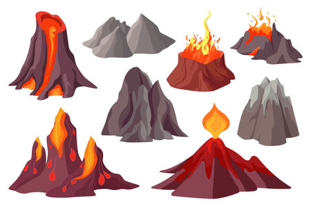 Volcanoes set. This illustration is a set of flat, cartoon-style designs featuring volcanoes. Vector illustration.のイラスト素材