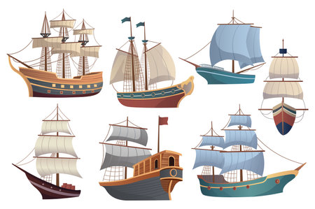 Set of Ships. This illustration is a flat and cartoon-style design featuring a set of different ships, such as sailboats, steamships, and submarines. Vector illustration.のイラスト素材