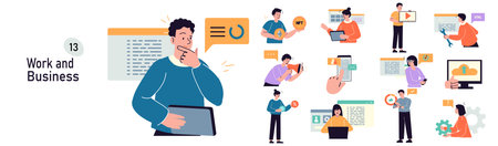 Set of mini concepts on the topic of work and business. Image of business development at different stages of work. Vector illustration.のイラスト素材