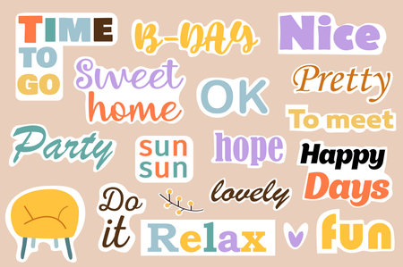 This illustration features a set of cozy-themed flat cartoon stickers and labels with stylish design and cute text. Vector illustration.のイラスト素材