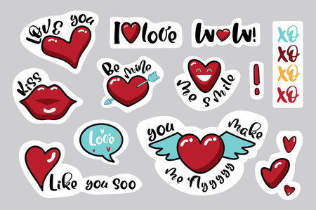 These love stickers have a charming flat cartoon design with a cute label and are perfect for adding some romance to your messages. Vector illustration.のイラスト素材