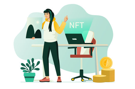 NFT concept with people scene in the flat cartoon style. The girl studies all the details of the NFT business. Vector illustration.のイラスト素材
