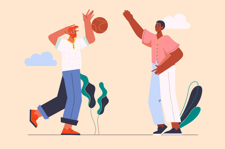 Happy people concept with people scene in the flat cartoon design. Two friends play volleyball while having fun. Vector illustration.のイラスト素材