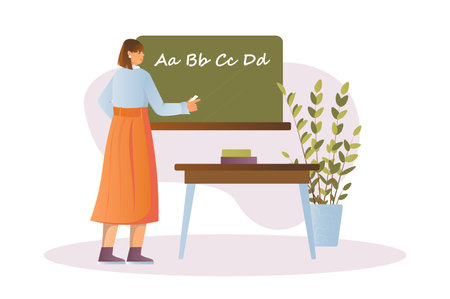 School teacher concept with people scene in the flat cartoon style. The teacher writes the alphabet on the board. Vector illustration.のイラスト素材