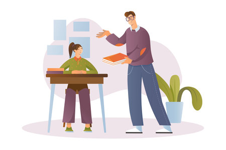 School teacher concept with people scene in the flat cartoon design. The teacher points out the students mistakes. Vector illustration.のイラスト素材