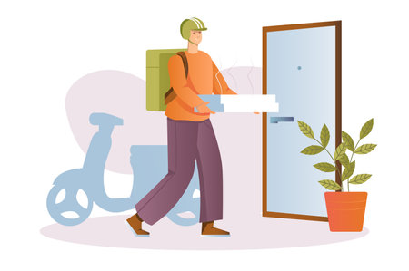 Food delivery concept with people scene in the flat cartoon style. The courier delivered the pizza to the customers. Vector illustration.のイラスト素材
