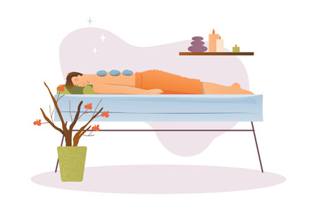 Spa salon concept with people scene in the flat cartoon style. The girl relaxes on a massage in the spa salon. Vector illustration.のイラスト素材