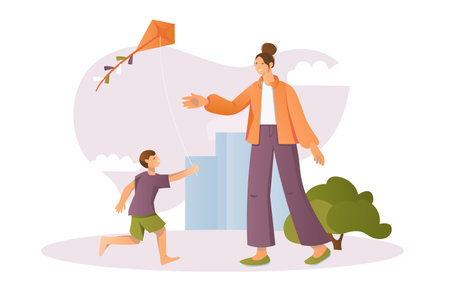 Healthy people concept with people scene in the flat cartoon design. Mother and son fly a kite. Vector illustration.のイラスト素材