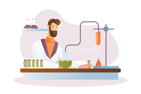Science laboratory concept with people scene in the flat cartoon design. A scientist conducts research in a laboratory. Vector illustration.のイラスト素材
