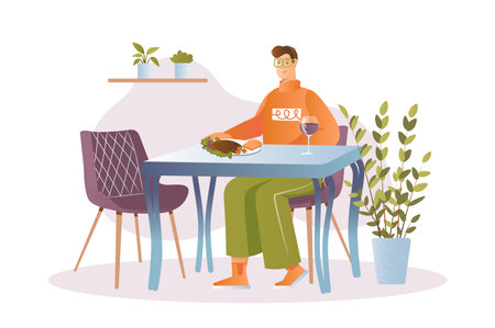 Restaurant concept with people scene in the flat cartoon design. A man is enjoying a delicious dinner in a restaurant. Vector illustration.のイラスト素材