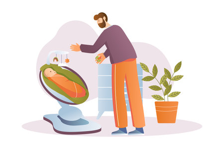 Newborns concept with people scene in the flat cartoon style. Dad is playing with the newborn. Vector illustration.のイラスト素材