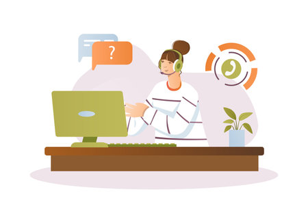 Call center concept with people scene in the flat cartoon design. A call center employee answers all customer questions. Vector illustration.のイラスト素材