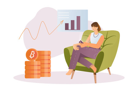 Crypto concept with people scene in the flat cartoon design. A girl earns money on cryptocurrency while sitting at home. Vector illustration.のイラスト素材