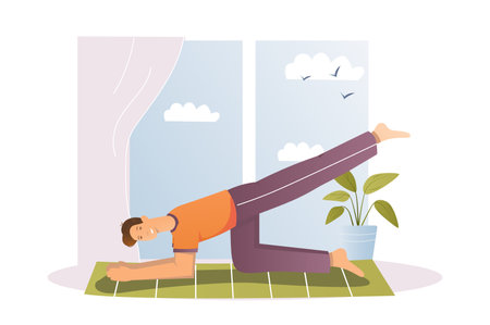 Yoga concept with people scene in the flat cartoon design. A man does yoga for relaxation. Vector illustration.のイラスト素材