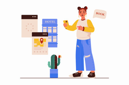 Hotel booking concept with people scene in the flat cartoon style. A girl books a hotel room before a trip. Vector illustration.のイラスト素材