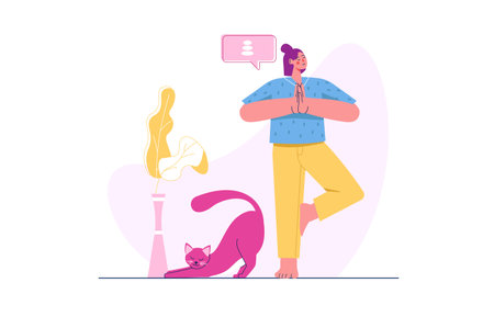 Yoga concept with people scene in the flat cartoon design. A girl does yoga with her cat at home. Vector illustration.のイラスト素材