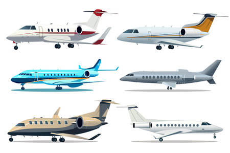 Plane set. A delightful set of cartoon-style flat design illustrations showcasing various planes in action. Vector illustration.のイラスト素材