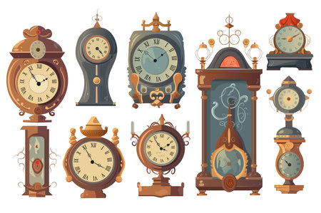 Watch set. A whimsical set of cartoon-inspired flat design watches showcasing playful and colorful ancient designs. Vector illustration.のイラスト素材
